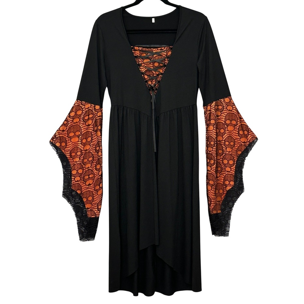 Witchy Whimsigoth Womens Dress L Black Orange Skull Lace Spooky Costume Cosplay